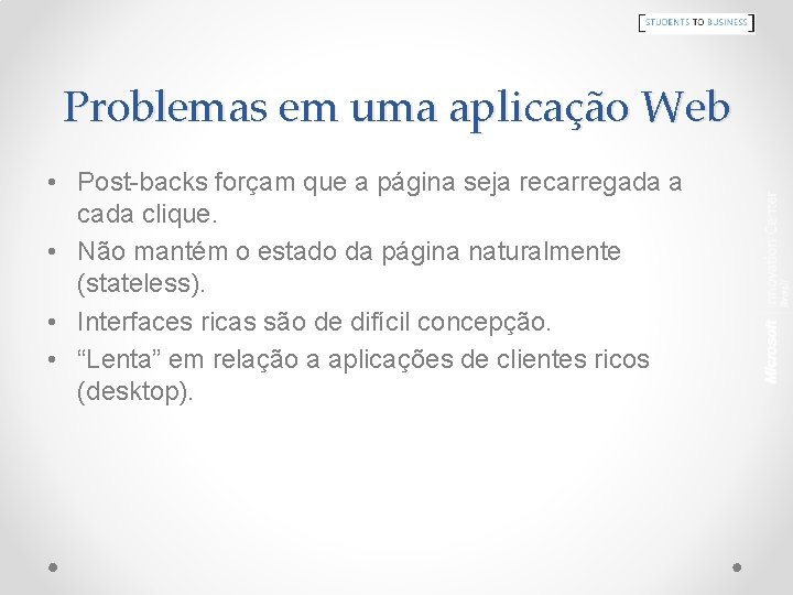 Problemas em uma aplicação Web • Post-backs forçam que a página seja recarregada a
