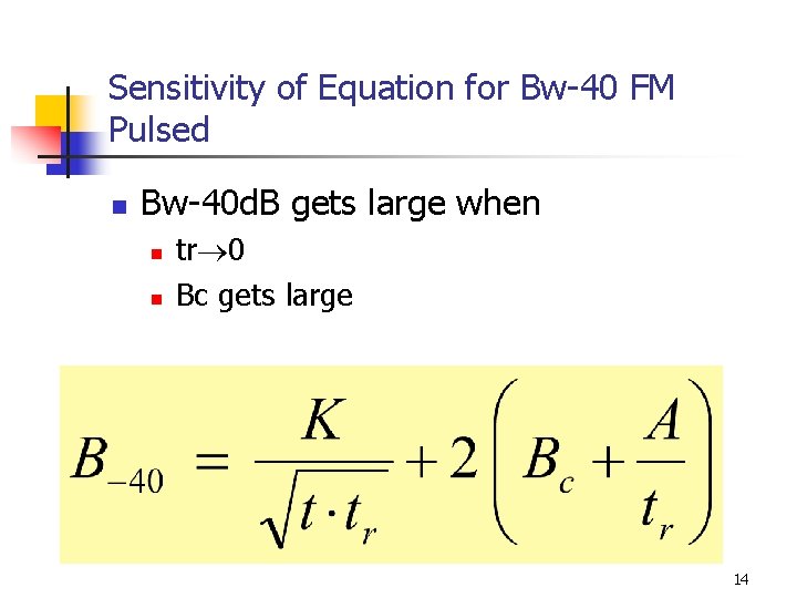 Sensitivity of Equation for Bw-40 FM Pulsed n Bw-40 d. B gets large when