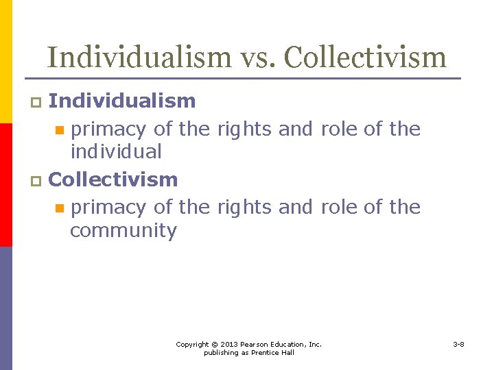 Individualism vs. Collectivism Individualism n primacy of the rights and role of the individual
