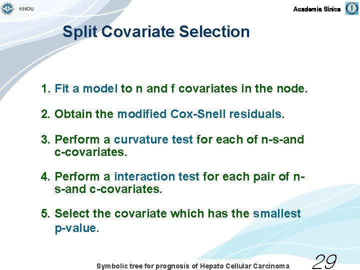 Academia Sinica Split Covariate Selection 1. Fit a model to n and f covariates