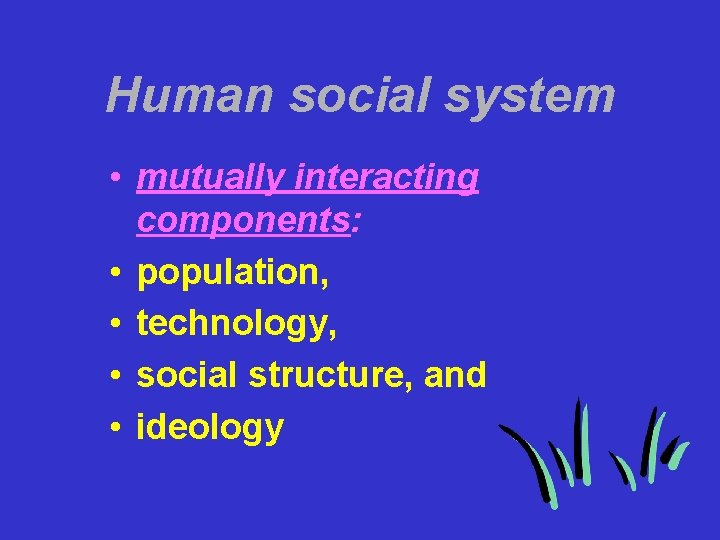 Human social system • mutually interacting components: • population, • technology, • social structure,