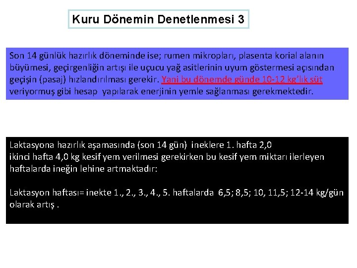 Kuru Dönemin Denetlenmesi 3 Son 14 günlük hazırlık döneminde ise; rumen mikropları, plasenta korial