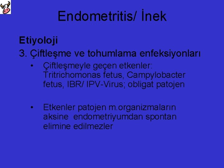 Endometritis/ İnek Etiyoloji 3. Çiftleşme ve tohumlama enfeksiyonları • Çiftleşmeyle geçen etkenler: Tritrichomonas fetus,