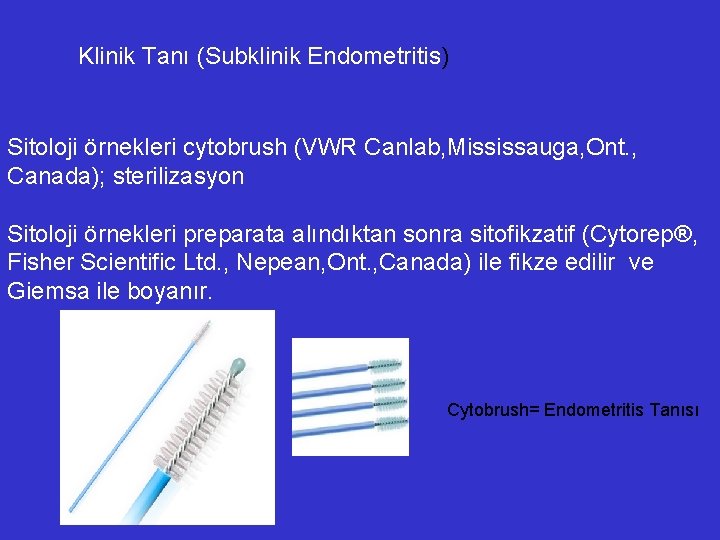 Klinik Tanı (Subklinik Endometritis) Sitoloji örnekleri cytobrush (VWR Canlab, Mississauga, Ont. , Canada); sterilizasyon