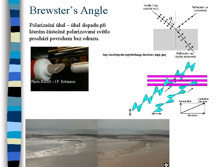 Brewster’s Angle Polarizační úhel – úhel dopadu při kterém částečně polarizované světlo prochází povrchem