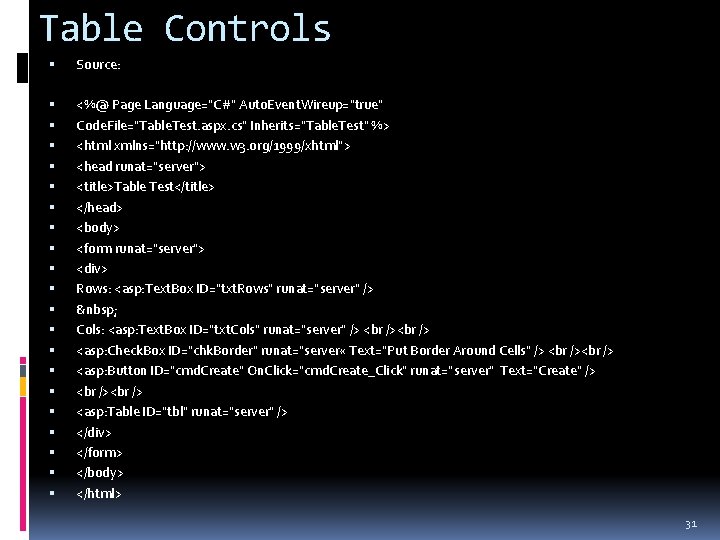 Table Controls Source: <%@ Page Language="C#" Auto. Event. Wireup="true" Code. File="Table. Test. aspx. cs"