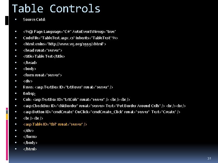 Table Controls Source Cntd: <%@ Page Language="C#" Auto. Event. Wireup="true" Code. File="Table. Test. aspx.