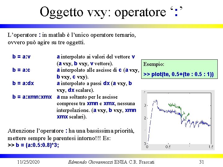 Oggetto vxy: operatore ‘: ’ L’operatore : in matlab è l’unico operatore ternario, ovvero