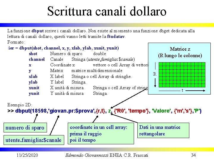 Scrittura canali dollaro La funzione dbput scrive i canali dollaro. Non esiste al momento