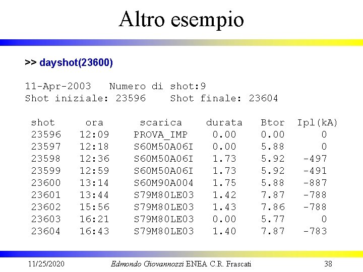 Altro esempio >> dayshot(23600) 11 -Apr-2003 Numero di shot: 9 Shot iniziale: 23596 Shot