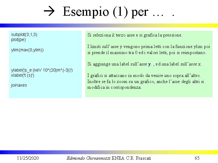  Esempio (1) per …. subplot(3, 1, 3) plot(pe) Si seleziona il terzo asse