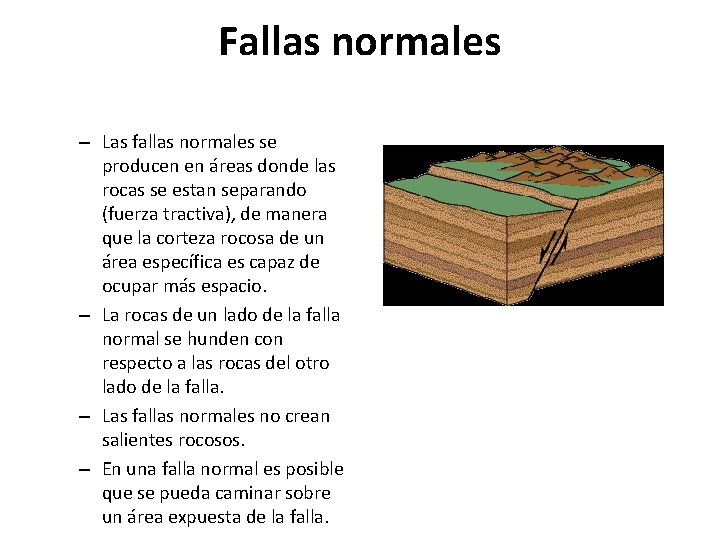 Fallas normales – Las fallas normales se producen en áreas donde las rocas se