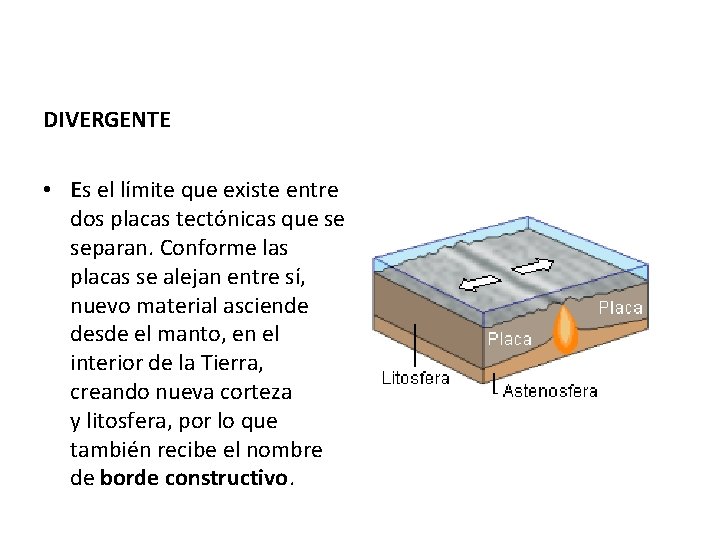 DIVERGENTE • Es el límite que existe entre dos placas tectónicas que se separan.