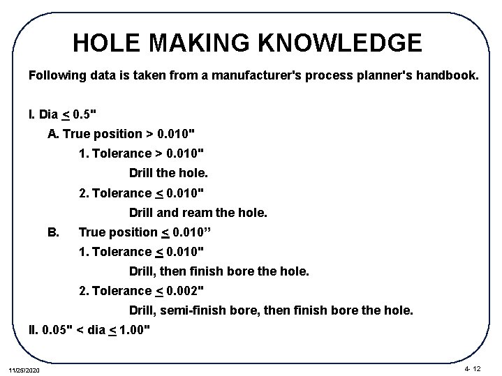 HOLE MAKING KNOWLEDGE Following data is taken from a manufacturer's process planner's handbook. I.