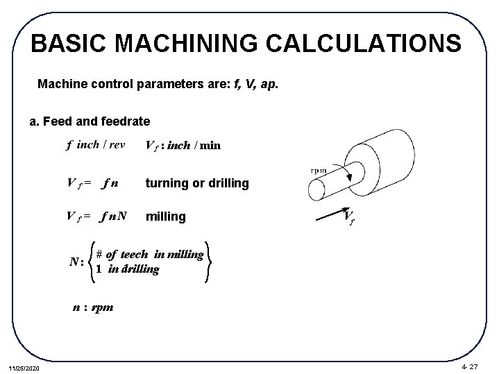 BASIC MACHINING CALCULATIONS Machine control parameters are: f, V, ap. a. Feed and feedrate