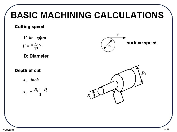 BASIC MACHINING CALCULATIONS Cutting speed V in sfpm V= p. Dn 12 surface speed
