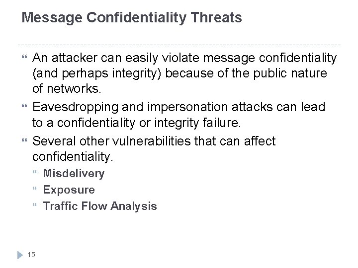 Message Confidentiality Threats An attacker can easily violate message confidentiality (and perhaps integrity) because