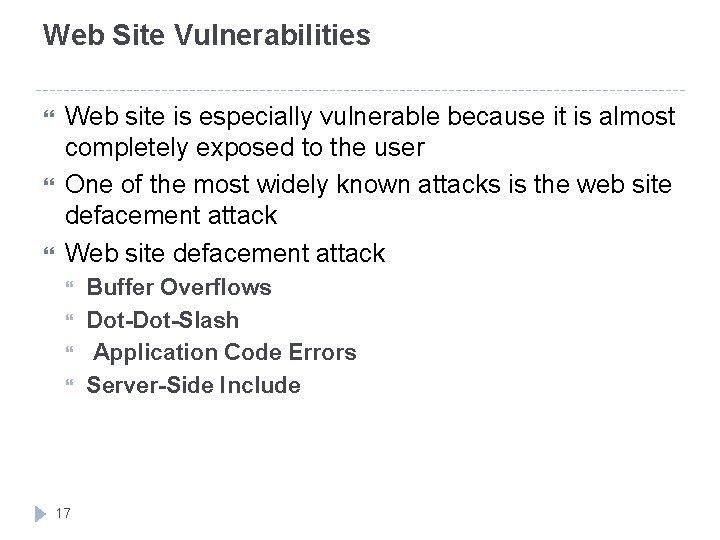 Web Site Vulnerabilities Web site is especially vulnerable because it is almost completely exposed