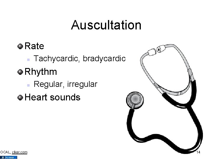 Auscultation Rate Tachycardic, bradycardic Rhythm Regular, irregular Heart sounds OCAL, clker. com 14 