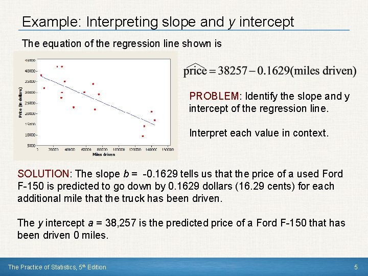 Example: Interpreting slope and y intercept The equation of the regression line shown is