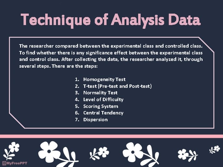 Technique of Analysis Data The researcher compared between the experimental class and controlled class.