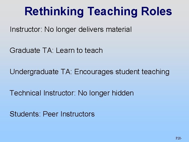 Rethinking Teaching Roles Instructor: No longer delivers material Graduate TA: Learn to teach Undergraduate