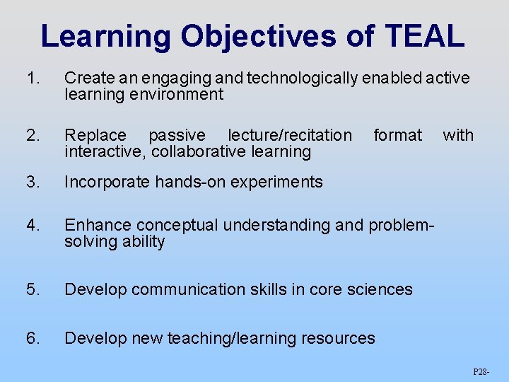 Learning Objectives of TEAL 1. Create an engaging and technologically enabled active learning environment