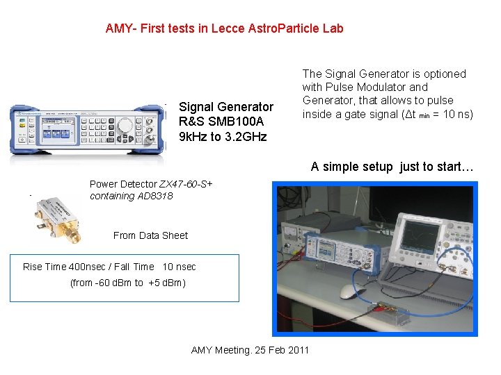 AMY- First tests in Lecce Astro. Particle Lab Signal Generator R&S SMB 100 A