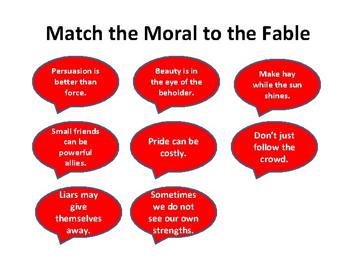 Match the Moral to the Fable Persuasion is better than force. Beauty is in