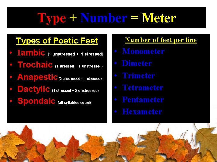 Type + Number = Meter • • • Types of Poetic Feet Iambic (1