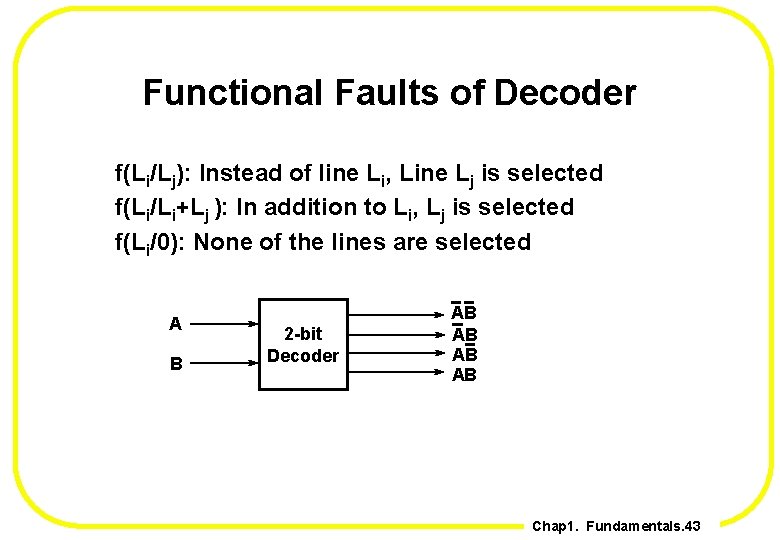 Functional Faults of Decoder f(Li/Lj): Instead of line Li, Line Lj is selected f(Li/Li+Lj