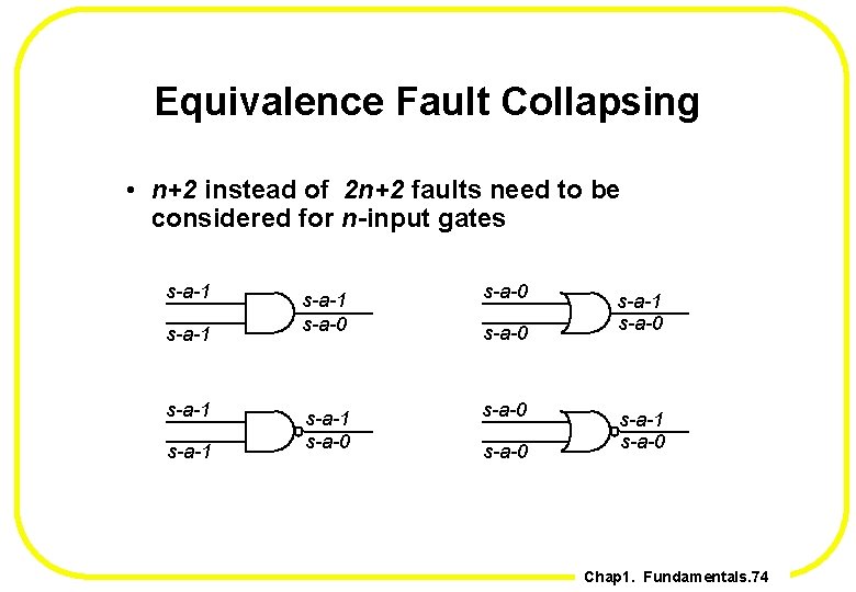 Equivalence Fault Collapsing • n+2 instead of 2 n+2 faults need to be considered