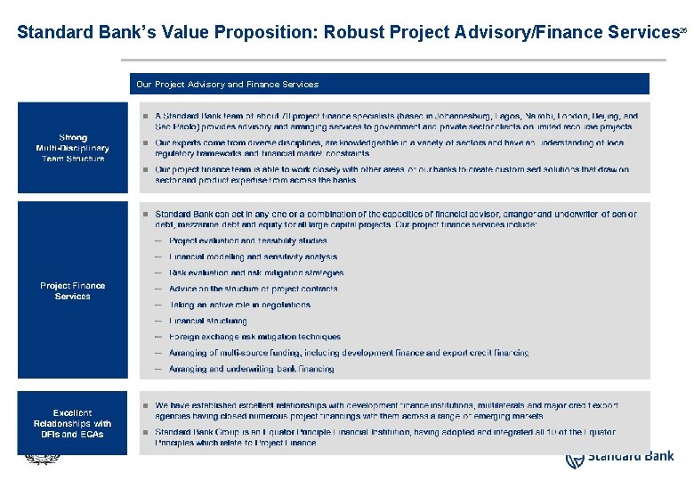 Standard Bank’s Value Proposition: Robust Project Advisory/Finance Services 26 Our Project Advisory and Finance