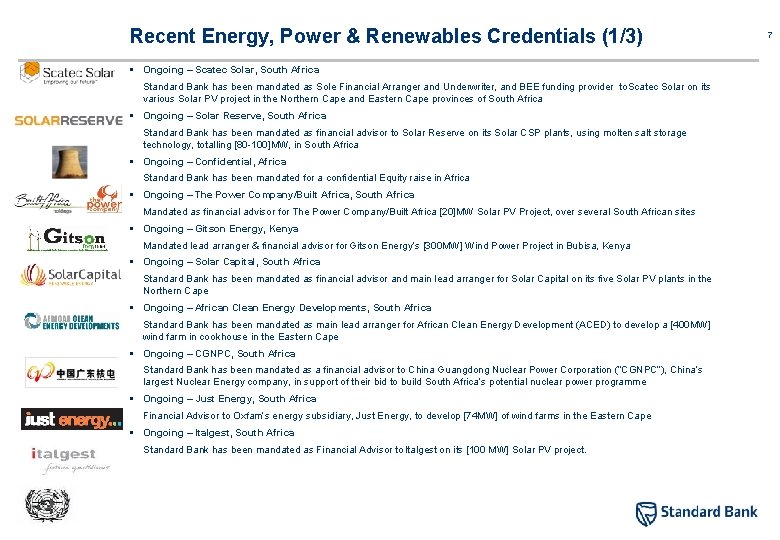 Recent Energy, Power & Renewables Credentials (1/3) § Ongoing – Scatec Solar, South Africa