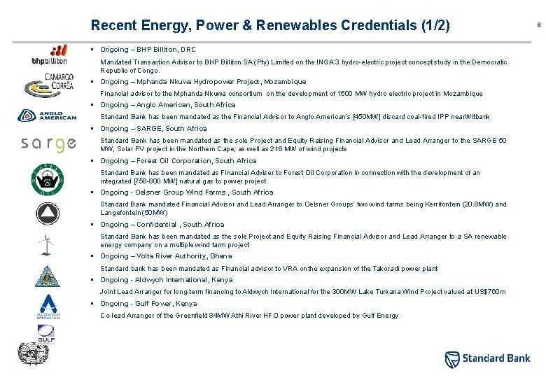 Recent Energy, Power & Renewables Credentials (1/2) § Ongoing – BHP Billiton, DRC Mandated