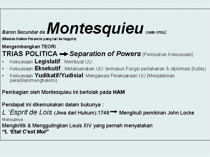 Baron Secundar de Montesquieu : (1689 -1755) (Mantan Hakim Perancis yang lari ke Inggris)