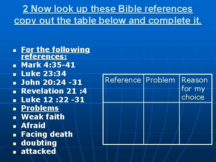 2 Now look up these Bible references copy out the table below and complete