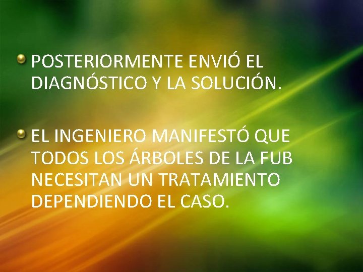 POSTERIORMENTE ENVIÓ EL DIAGNÓSTICO Y LA SOLUCIÓN. EL INGENIERO MANIFESTÓ QUE TODOS LOS ÁRBOLES