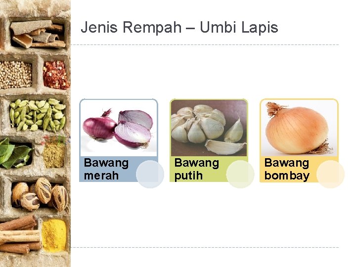 Jenis Rempah – Umbi Lapis Bawang merah Bawang putih Bawang bombay 