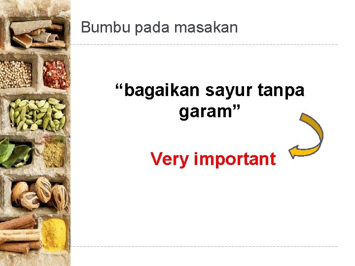 Bumbu pada masakan “bagaikan sayur tanpa garam” Very important Bumbu pada masakan “bagaikan sayur tanpa garam” Very important