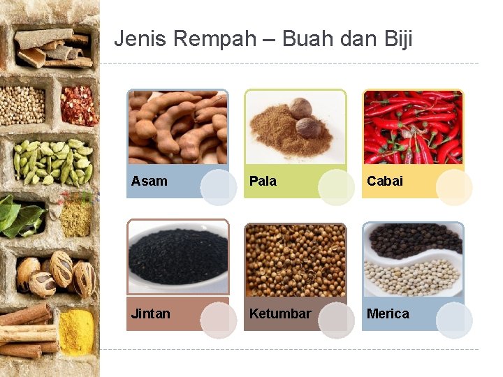 Jenis Rempah – Buah dan Biji Asam Pala Cabai Jintan Ketumbar Merica 