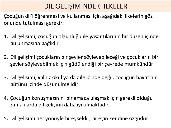 DİL GELİŞİMİNDEKİ İLKELER Çocuğun dil'i öğrenmesi ve kullanması için aşağıdaki ilkelerin göz önünde tutulması