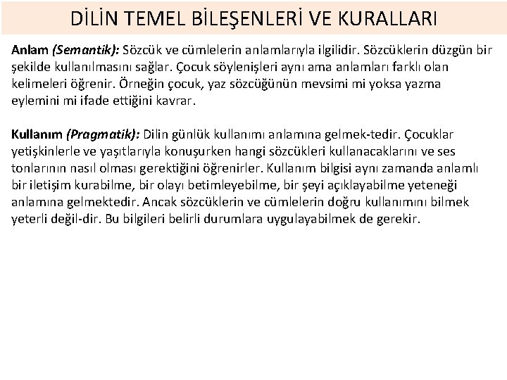 DİLİN TEMEL BİLEŞENLERİ VE KURALLARI Anlam (Semantik): Sözcük ve cümlelerin anlamlarıyla ilgilidir. Sözcüklerin düzgün