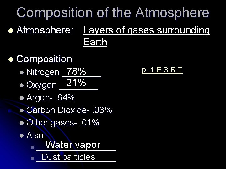 Composition of the Atmosphere l Atmosphere: Layers of gases surrounding Earth l Composition 78%