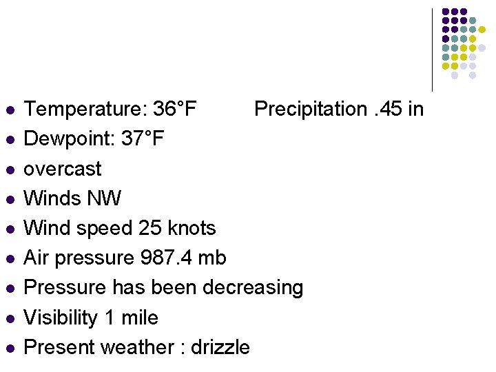 l l l l l Temperature: 36°F Precipitation. 45 in Dewpoint: 37°F overcast Winds