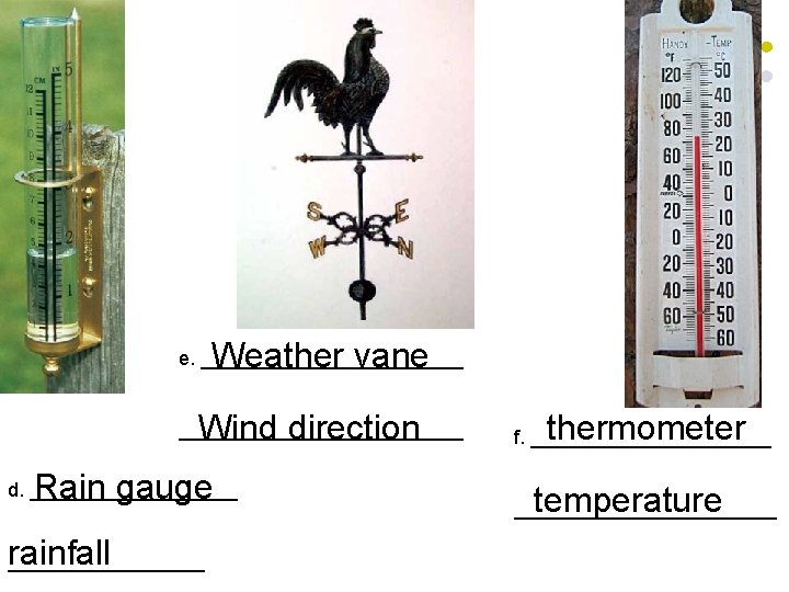 Weather vane e. ____________ Wind direction _____________ Rain gauge d. __________ rainfall _________ thermometer