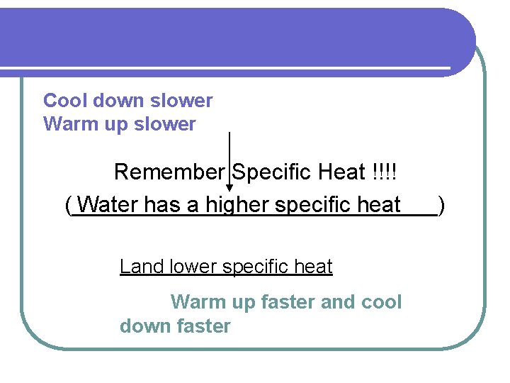 Cool down slower Warm up slower Remember Specific Heat !!!! Water has a higher