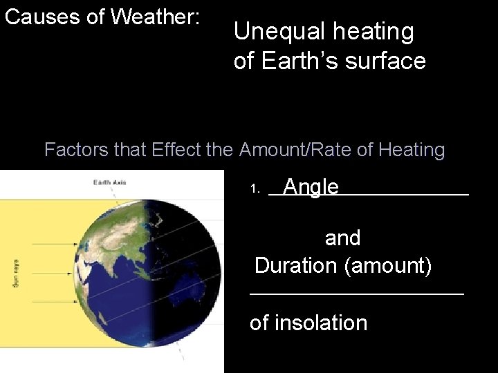 Causes of Weather: Unequal heating of Earth’s surface Factors that Effect the Amount/Rate of