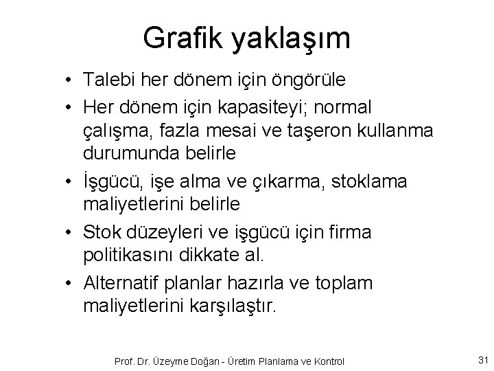 Grafik yaklaşım • Talebi her dönem için öngörüle • Her dönem için kapasiteyi; normal