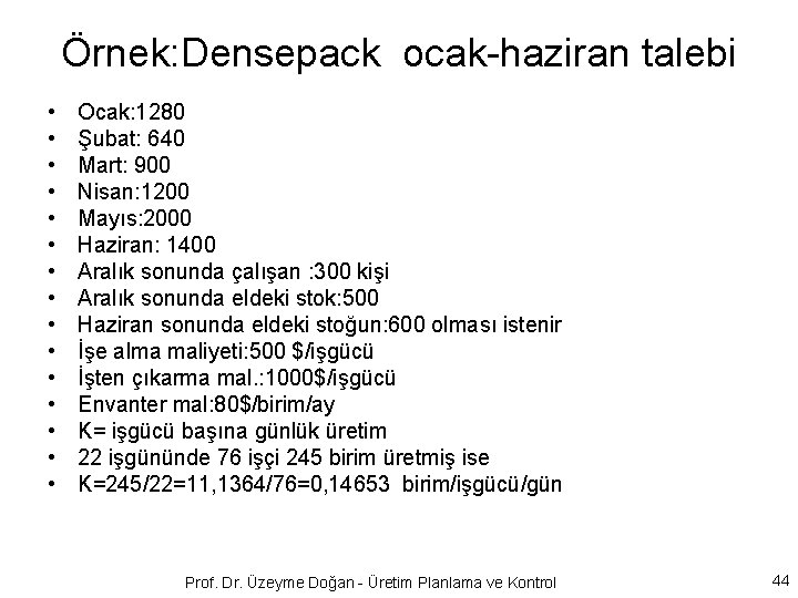 Örnek: Densepack ocak-haziran talebi • • • • Ocak: 1280 Şubat: 640 Mart: 900
